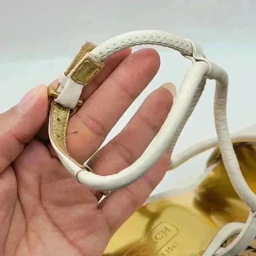 Beautiful! COACH A3259 Blanch Soft Napa White Ankle Strap Gold Wedge Shoes
